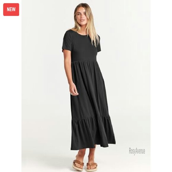 Summer Maxi Dress Tiered Flowy Short Sleeve Crewneck with Pockets - Picture 4 of 8